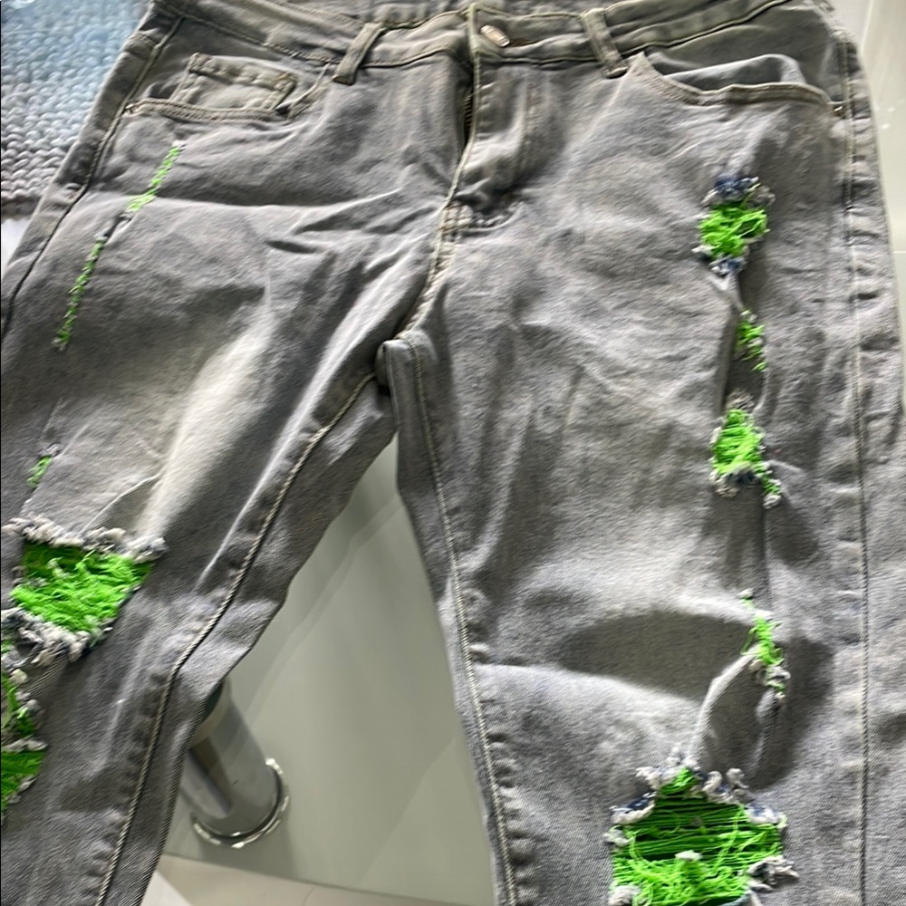 Gray Distressed Jeans with Neon Green Accents